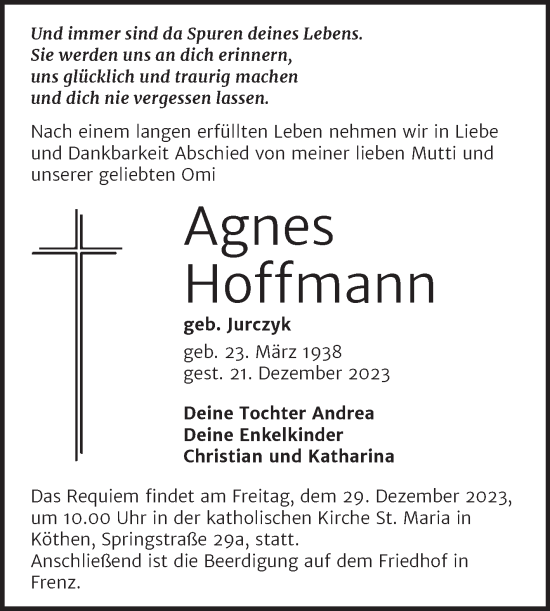 Traueranzeige von Agnes Hoffmann von Mitteldeutsche Zeitung Köthen