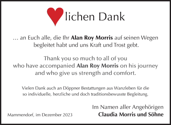 Traueranzeige von Alan Roy Morris von Volksstimme Haldensleben/Wolmirstedt