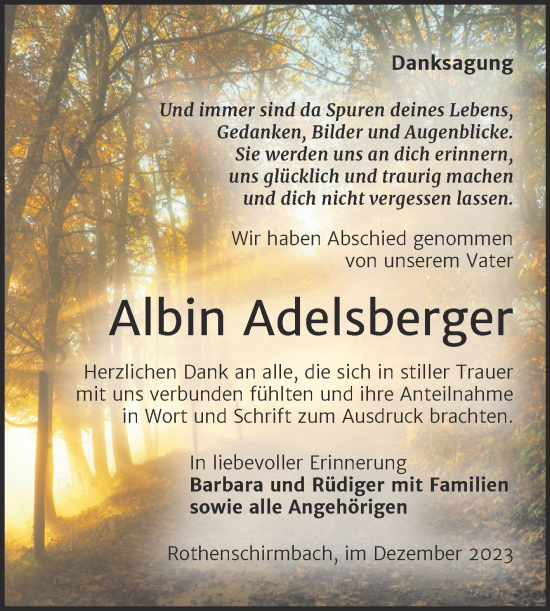 Traueranzeige von Albin Adelsberger von Trauerkombi Mansfelder Land