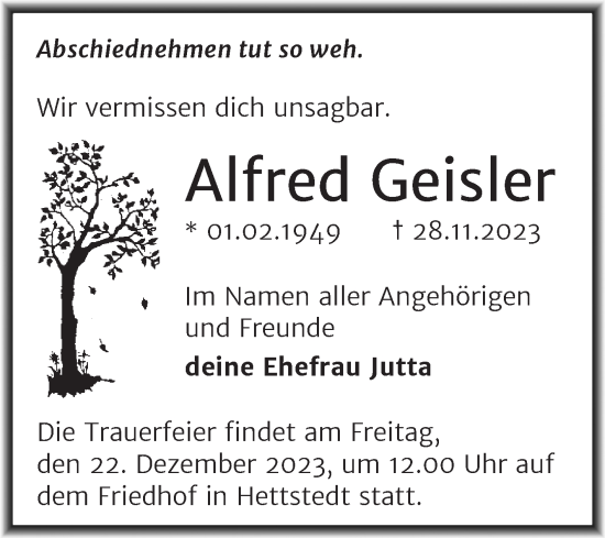 Traueranzeige von Alfred Geister von Trauerkombi Mansfelder Land