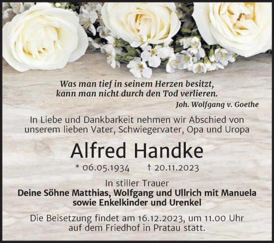 Traueranzeige von Alfred Handke von Trauerkombi Wittenberg