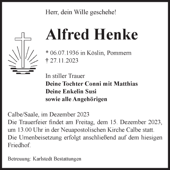 Traueranzeige von Alfred Henke von Volksstimme Schönebeck