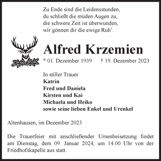 Traueranzeige von Alfred Krzemien von Volksstimme Haldensleben/Wolmirstedt