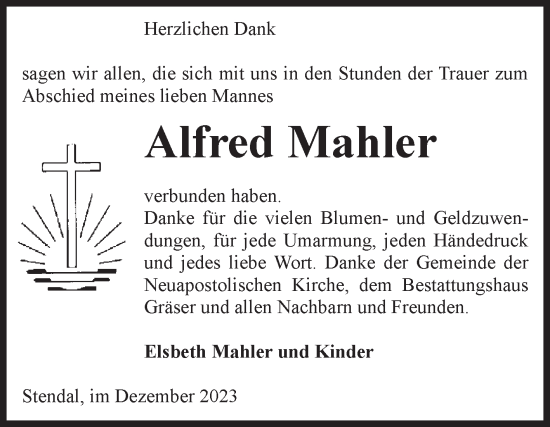 Traueranzeige von Alfred Mahler von Volksstimme Altmark Ost