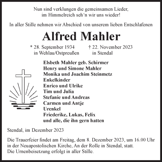 Traueranzeige von Alfred Mahler von Volksstimme Altmark Ost