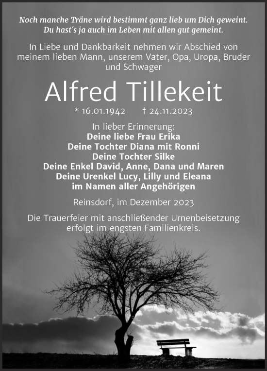 Traueranzeige von Alfred Tillekeit von Super Sonntag Naumburg/Nebra