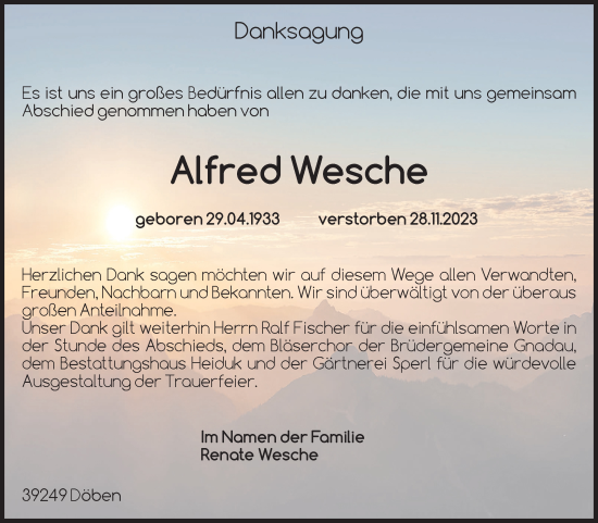 Traueranzeige von Alfred Wesche von Volksstimme Schönebeck