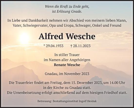 Traueranzeige von Alfred Wesche von Volksstimme Schönebeck