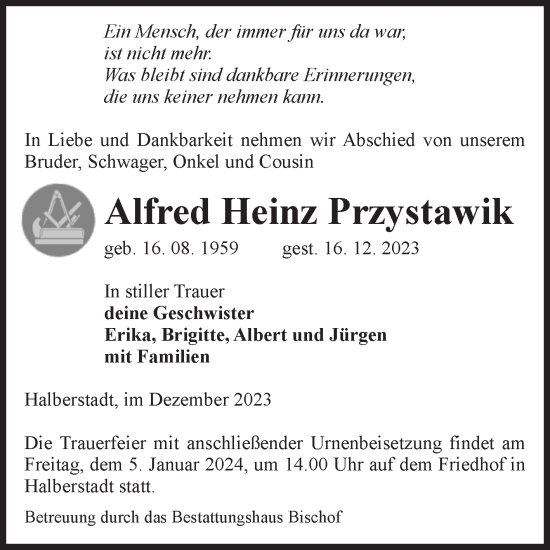 Traueranzeige von Alfred Heinz Przystawik von Volksstimme Halberstadt