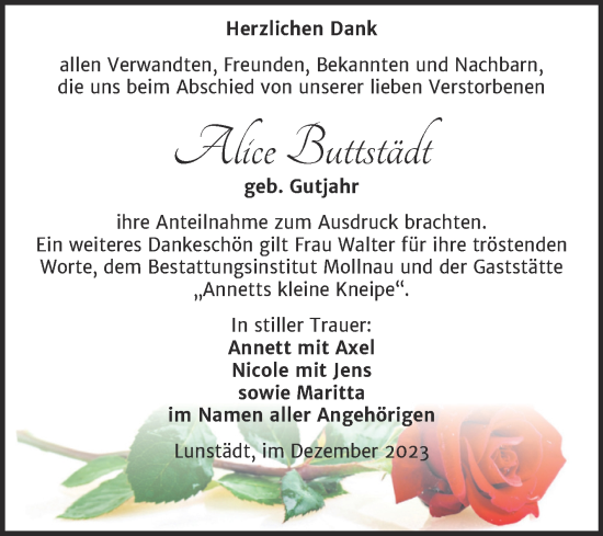 Traueranzeige von Alice Buttstädt von Trauerkombi Merseburg
