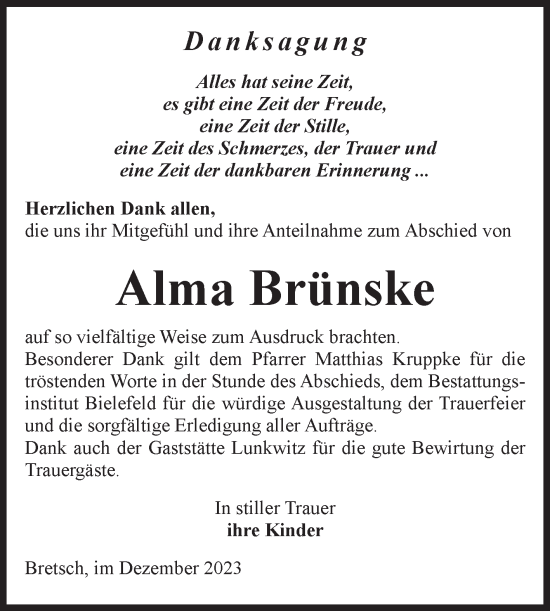 Traueranzeige von Alma Brünske von Volksstimme Altmark Ost