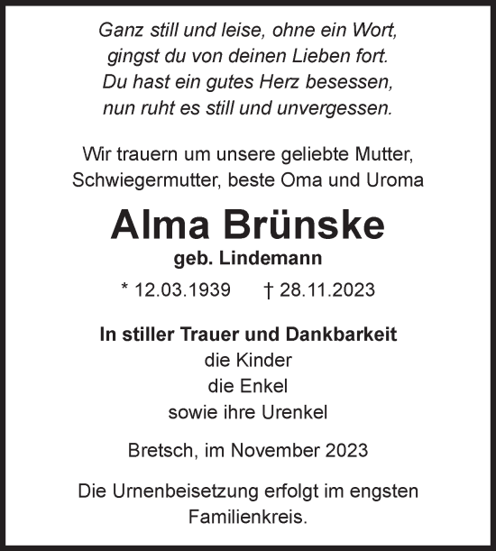 Traueranzeige von Alma Brünske von Volksstimme Altmark Ost