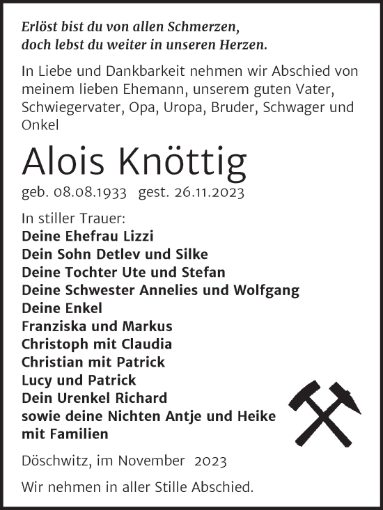 Traueranzeige von Alois Knöttig von Trauerkombi Zeitz