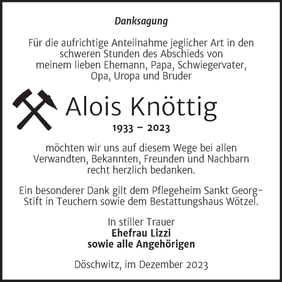 Traueranzeige von Alois Knöttig von Trauerkombi Zeitz