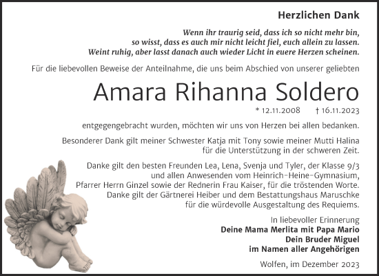 Traueranzeige von Amara Rihanna Soldero von Trauerkombi Bitterfeld