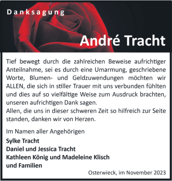 Traueranzeige von Andre Tracht von Volksstimme Halberstadt