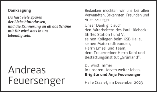 Traueranzeige von Andreas Feuersenger von Mitteldeutsche Zeitung Halle/Saalkreis