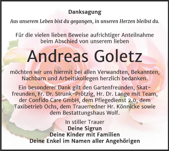 Traueranzeige von Andreas Goletz von Trauerkombi Weißenfels