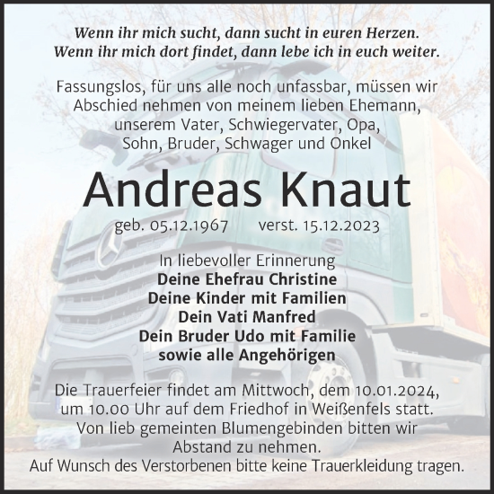 Traueranzeige von Andreas Knaut von Trauerkombi Weißenfels