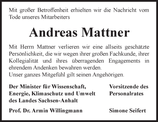 Traueranzeige von Andreas Mattner von Volksstimme Magdeburg