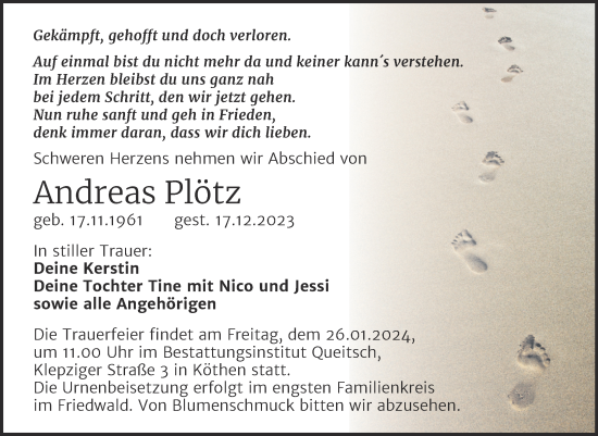 Traueranzeige von Andreas Plötz von Trauerkombi Köthen