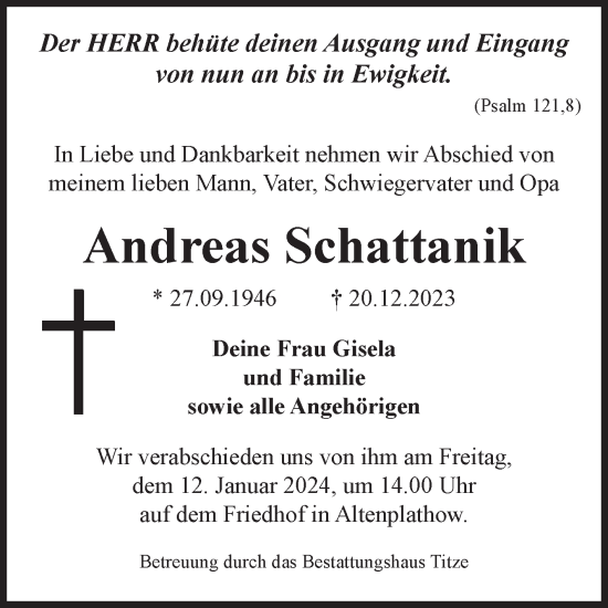 Traueranzeige von Andreas Schattanik von Volksstimme Burg/Genthin