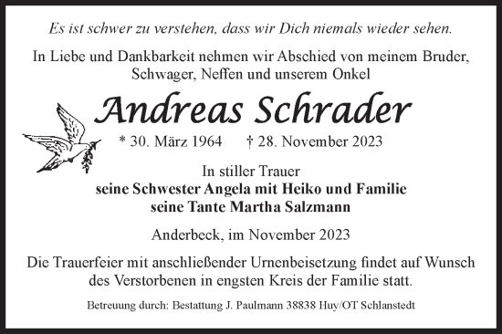 Traueranzeige von Andreas Schrader von Volksstimme Halberstadt