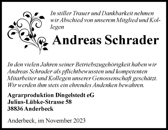 Traueranzeige von Andreas Schrader von Volksstimme Halberstadt