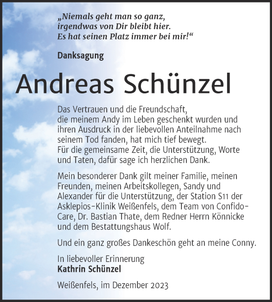 Traueranzeige von Andreas Schünzel von Trauerkombi Weißenfels