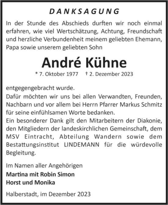 Traueranzeige von André Kühne von Volksstimme Halberstadt
