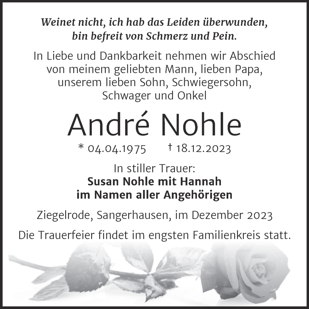  Traueranzeige für André Nohle vom 23.12.2023 aus Trauerkombi Mansfelder Land
