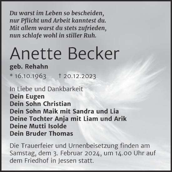 Traueranzeige von Anette Becker von Trauerkombi Wittenberg