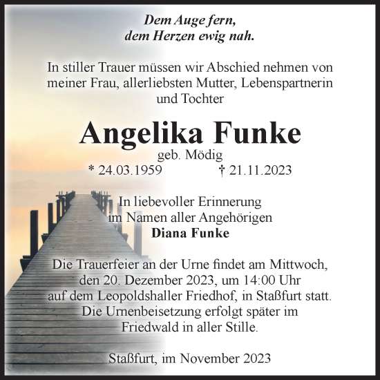 Traueranzeige von Angelika Funke von Volksstimme Staßfurt