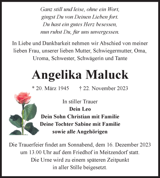 Traueranzeige von Angelika Maluck von Volksstimme Haldensleben/Wolmirstedt