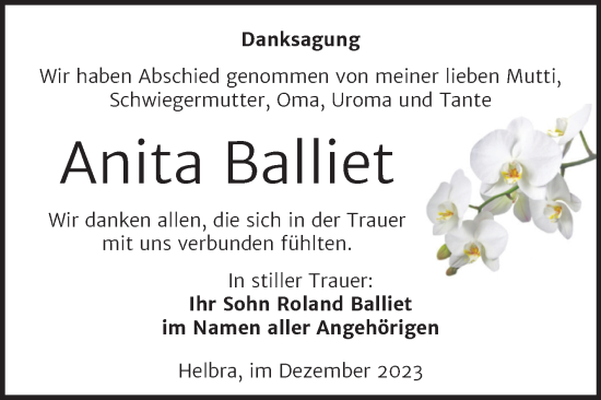 Traueranzeige von Anita Balliet von Trauerkombi Mansfelder Land