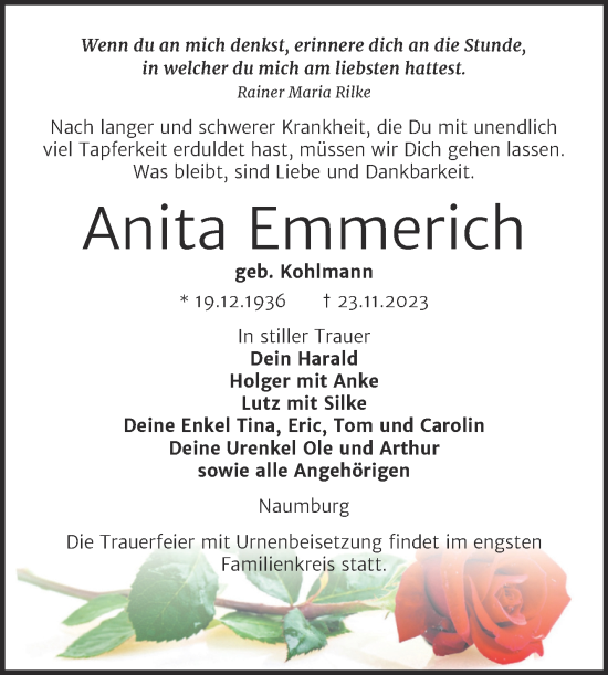 Traueranzeige von Anita Emmerich von Wochenspiegel Naumburg/Nebra
