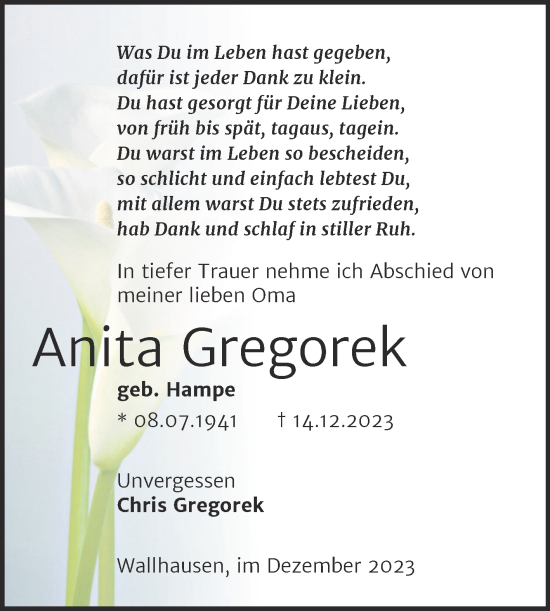 Traueranzeige von Anita Gregorek von Trauerkombi Sangerhausen