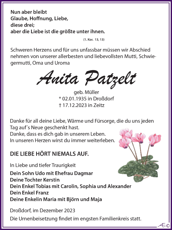 Traueranzeige von Anita Patzelt von Trauerkombi Zeitz