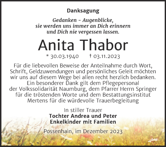 Traueranzeige von Anita Thabor von Wochenspiegel Naumburg/Nebra