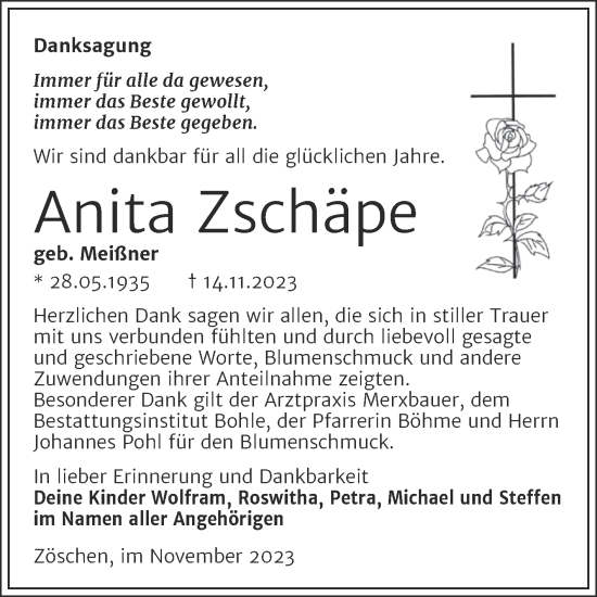 Traueranzeige von Anita Zschäpe von Trauerkombi Merseburg