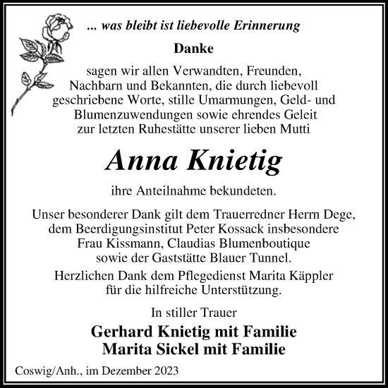 Traueranzeige von Anna Knietig von Trauerkombi Wittenberg