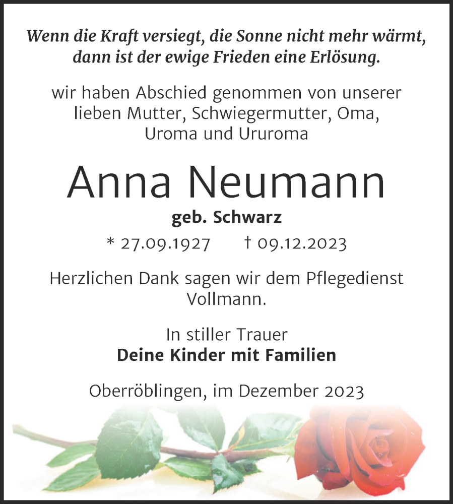  Traueranzeige für Anna Neumann vom 15.12.2023 aus Trauerkombi Sangerhausen