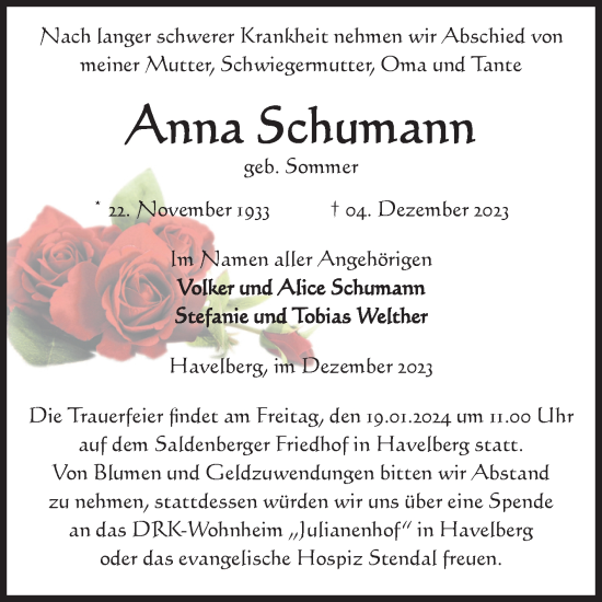 Traueranzeige von Anna Schumann von Volksstimme Altmark Ost