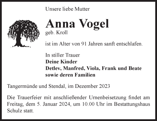 Traueranzeige von Anna Vogel von Volksstimme Altmark Ost