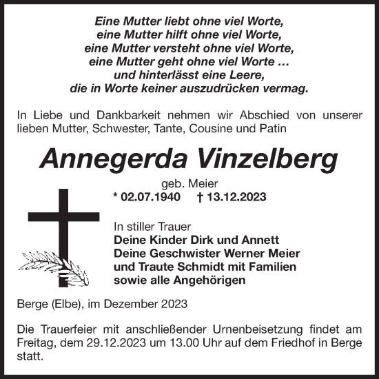 Traueranzeige von Annegerda Vinzelberg von Volksstimme Altmark Ost