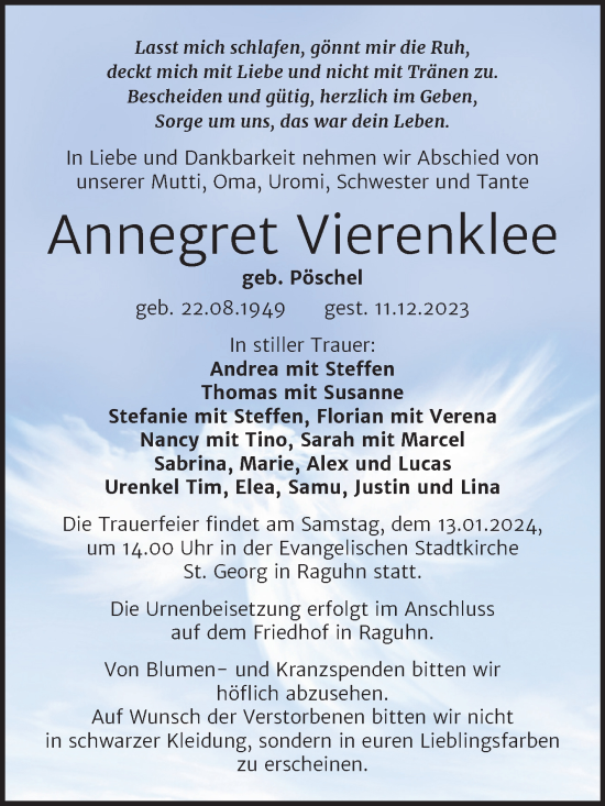 Traueranzeige von Annegret Vierenklee von Trauerkombi Bitterfeld