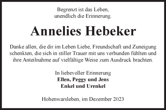 Traueranzeige von Annelies Hebeker von Volksstimme Haldensleben/Wolmirstedt