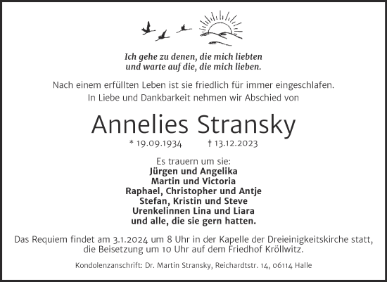 Traueranzeige von Annelies Stransky von Mitteldeutsche Zeitung Halle/Saalkreis
