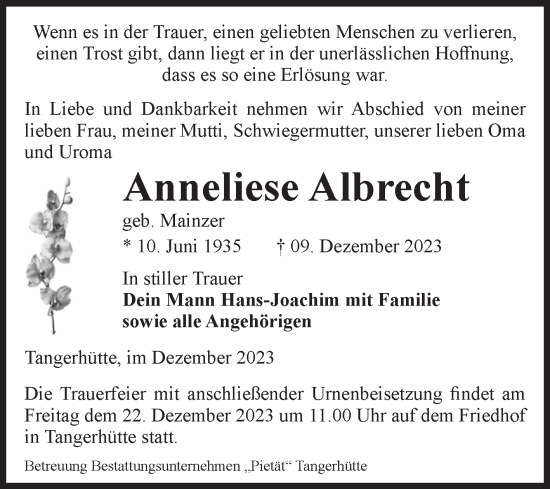 Traueranzeige von Anneliese Albrecht von Volksstimme Altmark Ost