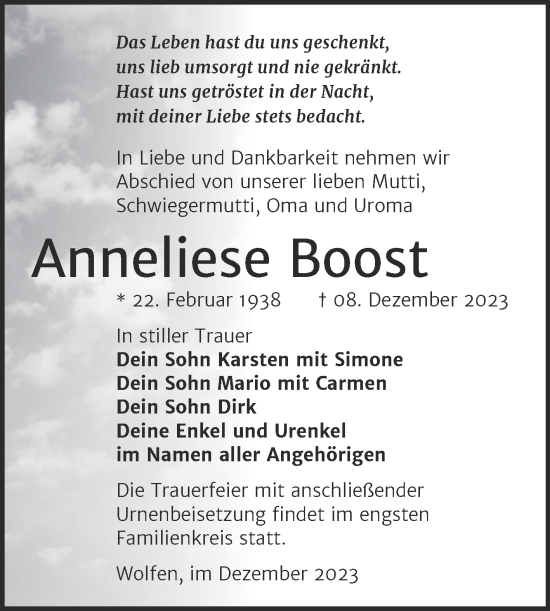 Traueranzeige von Anneliese Boost von Trauerkombi Bitterfeld